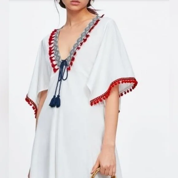 ZARA Tassel Hem V-Neck Midi A-Line White blur And Red Boho Dress Size M -  www.rajagirimanappuram.com